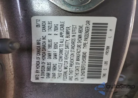 2012 Honda Civic Lx z USA, uszkodzony, nr VIN 2HGFB2F51CH598040